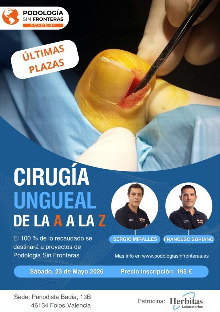 Cartel del curso solidario de Cirugía ungueal de la A a la Z de PSF Academy anunciando últimas plazas