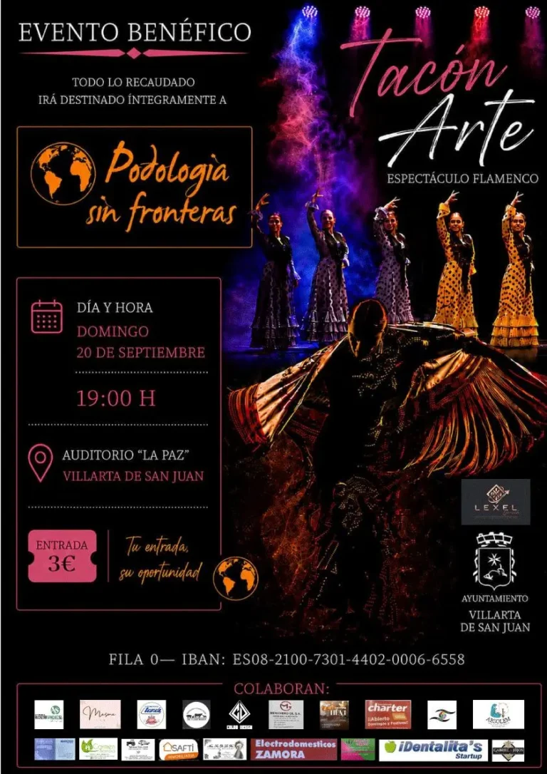 Cartel del evento benéfico Tacón Arte, espectáculo flamenco a beneficio de Podología Sin Fronteras, 20 de septiembre en Villarta de San Juan