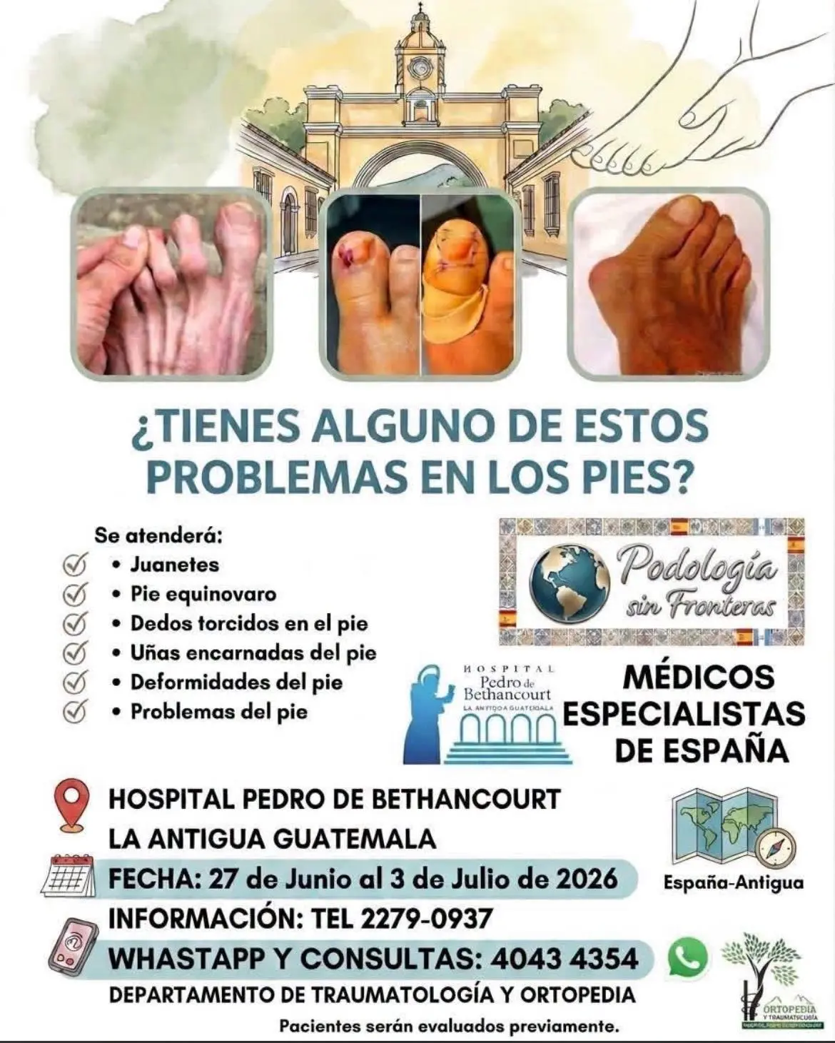 Cartel del Hospital Pedro de Bethancourt convocando a pacientes con problemas de pie para la brigada de Podología Sin Fronteras, del 27 de junio al 3 de julio de 2026